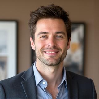 Portrait de Lucas Martel, designer d'intérieur, devant un mur texturé.
